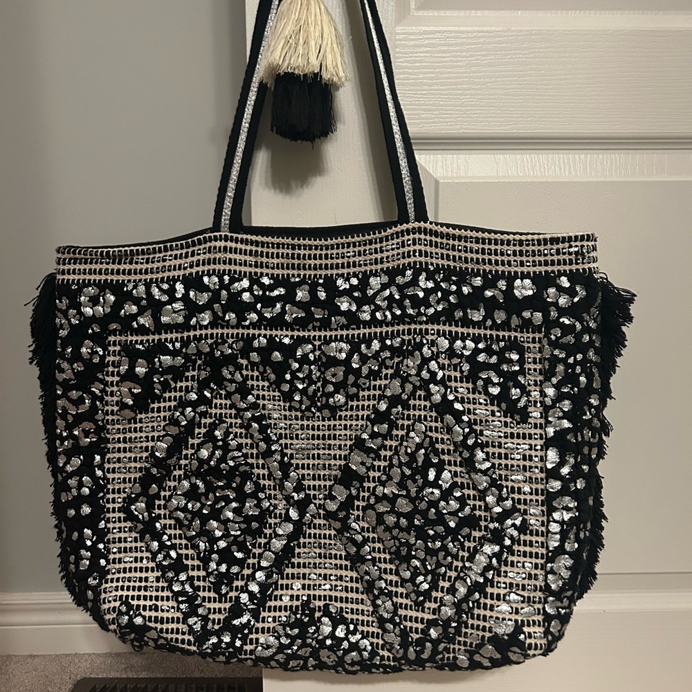 Large silver and black metallic tote bag